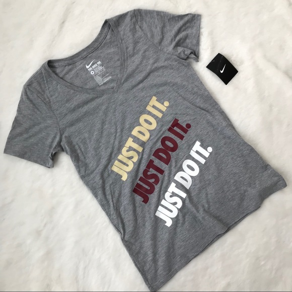 Nike Tops - Nike just do it athletic logo grey v neck t shirt